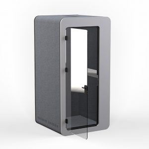 Ozone Acoustic Phone Booth White Melamine Front  Top with Grey Acoustic Panels