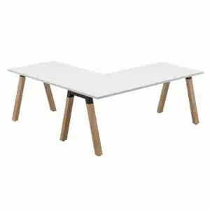 Plank Single L Shape Office Desk Oak Legs White worktop Xchange Design Australia