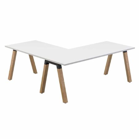 Plank Single L Shape Office Desk Oak Legs White worktop Xchange Design Australia